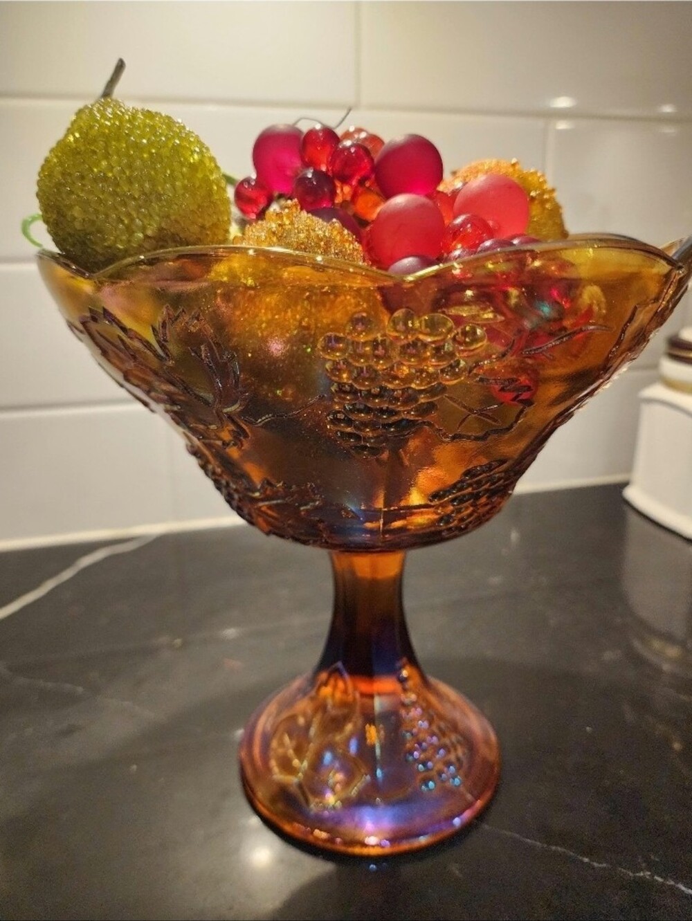 Antique Marigold Carnival Glass Grape & Leaf Pedestal Compote Bowl | Early 1900s